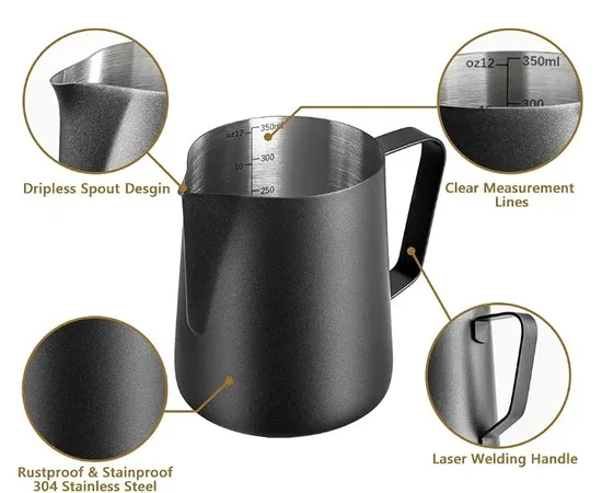 4Bars P306 350 ml - Γαλατιέρα Inox με Δείκτη Μέτρησης Μαύρη | Γαλατιέρες στο coffeetales