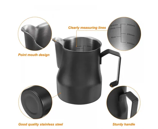 4Bars P307 350 ml - Γαλατιέρα  Inox thick με Δείκτη Μέτρησης Μαύρη | Γαλατιέρες στο coffeetales
